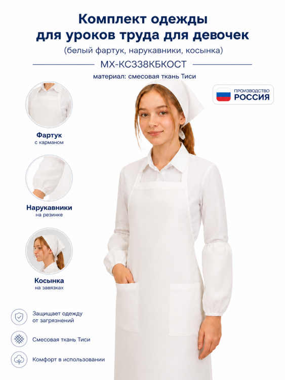 Комплект одежды для уроков труда (белый фартук, нарукавники, косынка) для девочек Тиси МХ-КС338КБКОСТ
