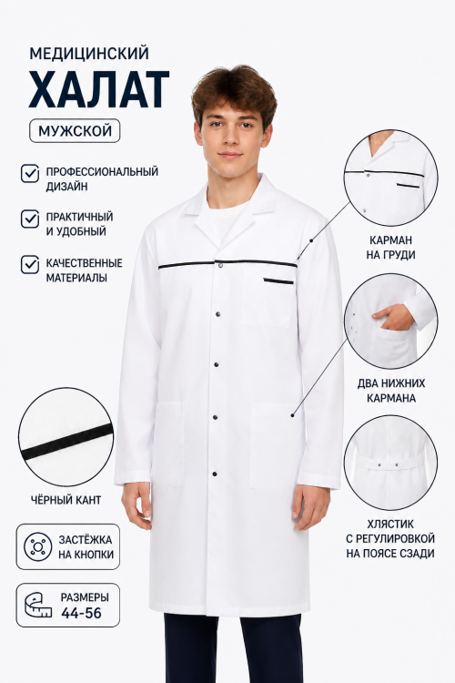 Халат белый медицинский мужской Тиси на кнопках МХ-ПФ100